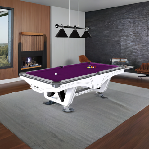 9ft Riley Ray Tournament American Pool Table – White/Purple