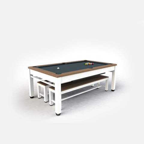 Riley 7’ Neptune Outdoor Pool Table with Benches & Table Top – White/Tan